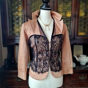 Caché Tan Cotton Blazer with Black Lace "Corset" size 4